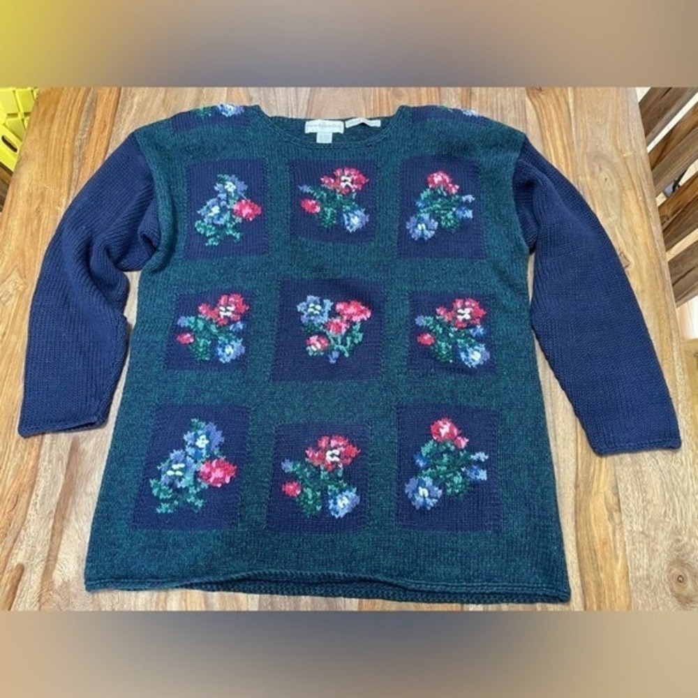 Paris Sport Club Womens L Navy‎ Green Floral Knit Sweater Hand Knit